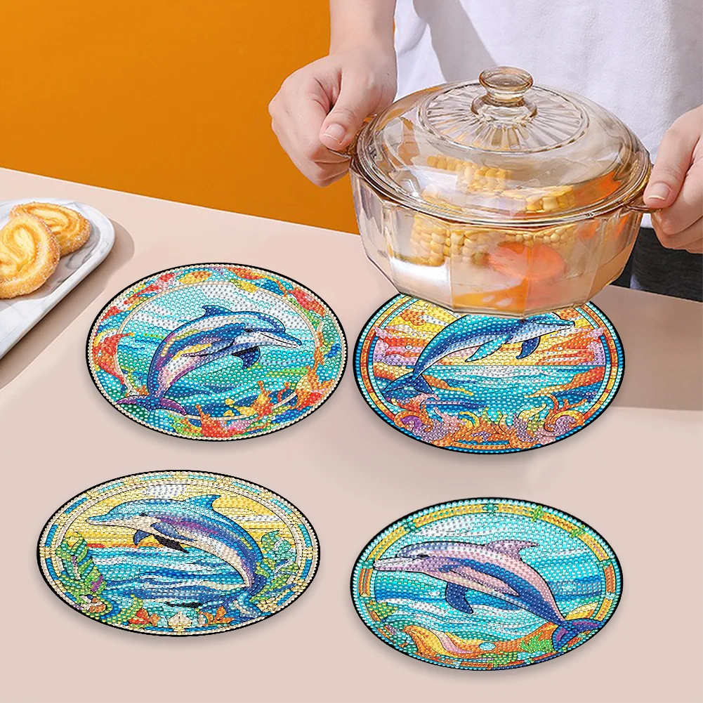 4pcs DIY Dolphin Wooden Diamond Painting Placemats Kitchen Dish Mat with Holder
