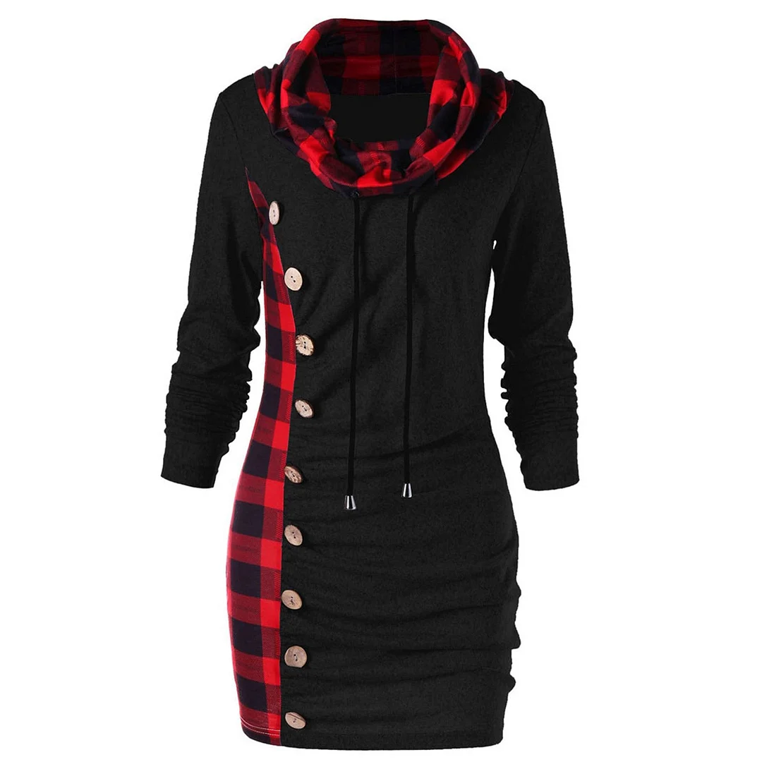 Fashion Women Winter Dress Plaid Scarf Collar Buttons Decoration Patchwork Casual Party Dresses Long Sleeve Ladies Dresses 2021