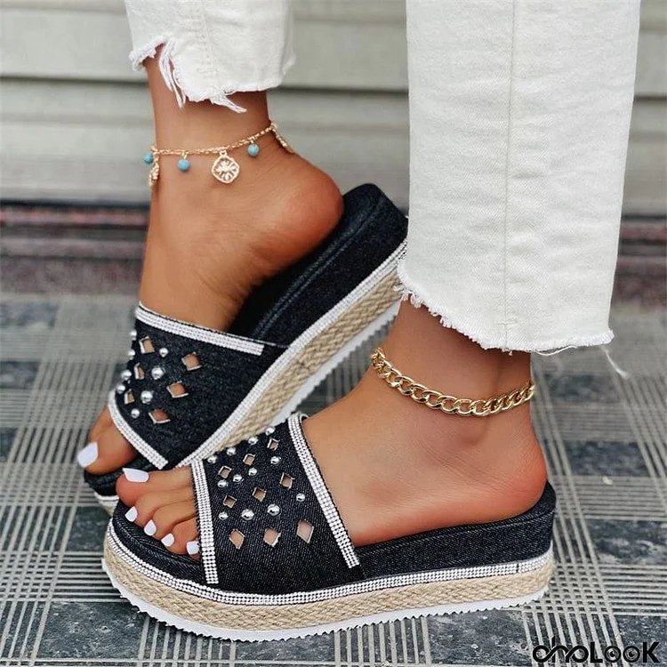 Women's Comfortable Rhinestone Denim Solid Color Slippers