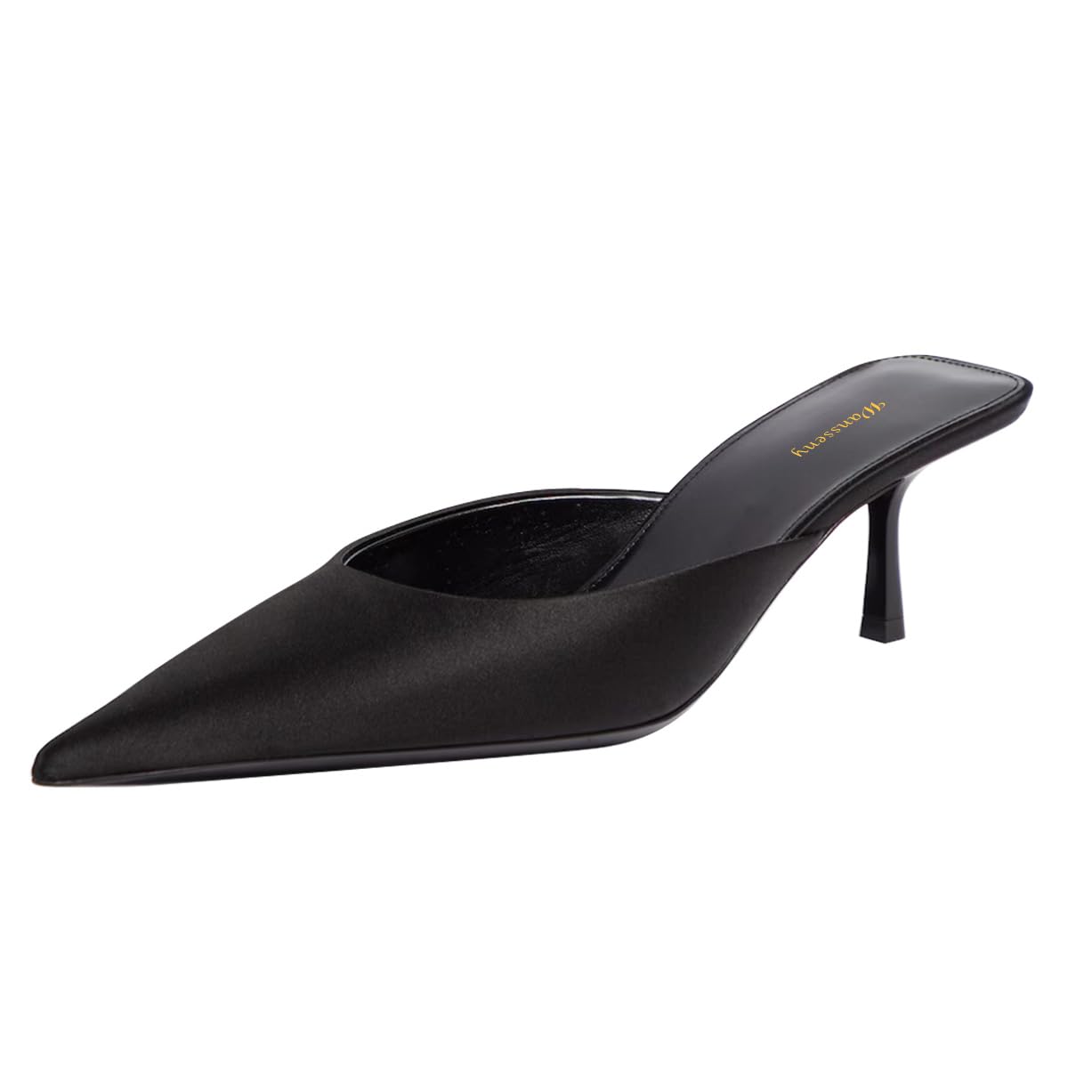 Black Satin Slip-On Kitten Heel Mules for Women with Pointed Toe Nicepairs