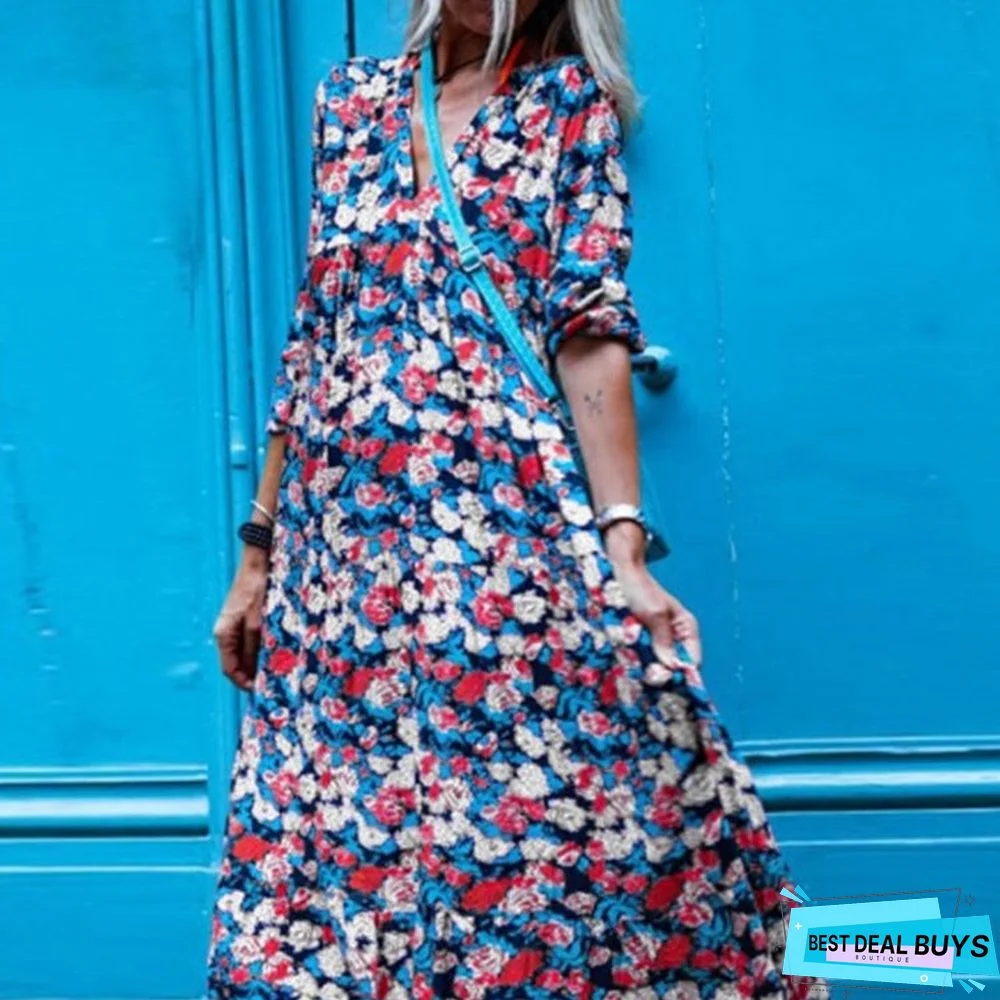 Women's New Floral V-Neck Elegant Long-Sleeved Dress In Early Autumn