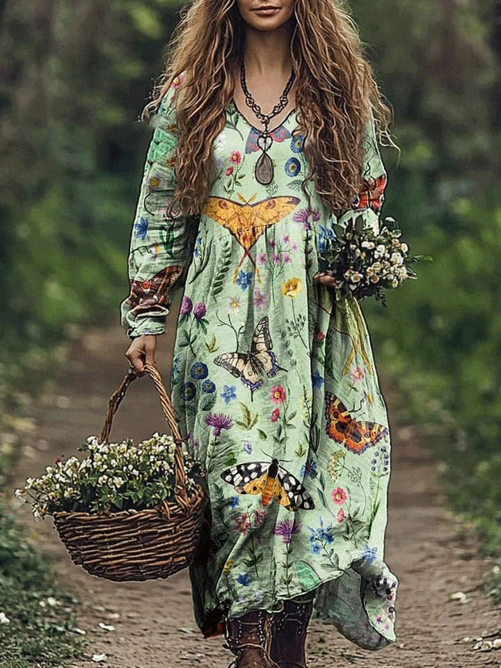 Women's Vintage Lovely Floral Butterfly Art Print Pocket Cotton Dress