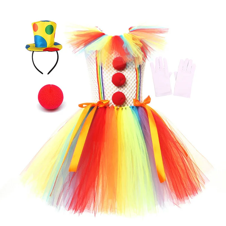 Kids Children Rainbow Clown Tutu Dress Outfits Cosplay Costume Halloween Carnival Suit