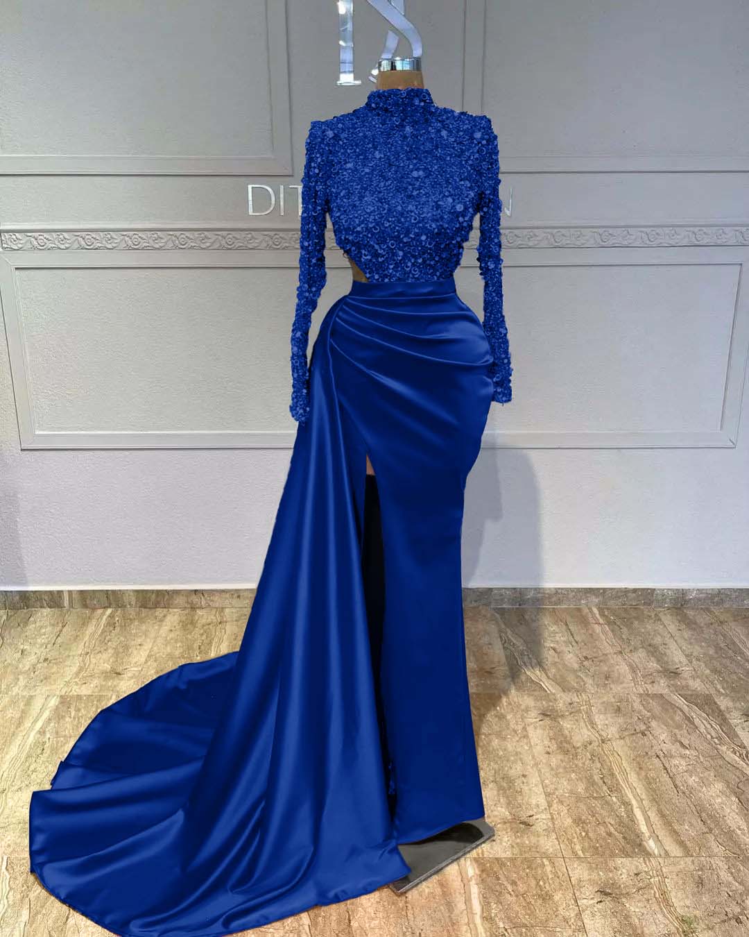 Oknass Sequins High Neck Long Sleeves Fuchsia Pleated Prom Dress With Split