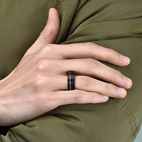 6MM 8MM Women's or Men's Tungsten Carbide Wedding Rings Hammered Brushed Black With Rose Gold Interior And Stripe Design