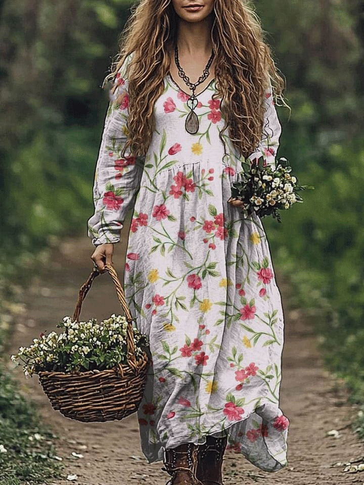 Women's Retro Floral Art Print Pocket Cotton Dress