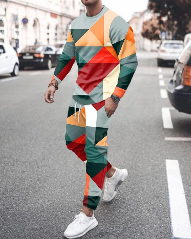 Men's Fashion Green-Red Abstract Printing Long-sleeved Suit