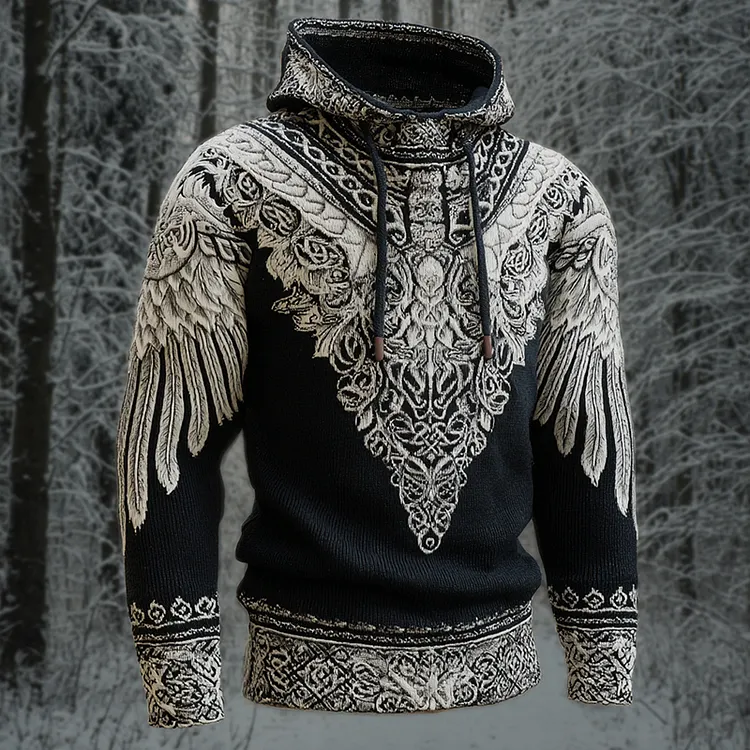 Men's Viking Celtic With Wings Art Cozy Knit Hooded Sweater