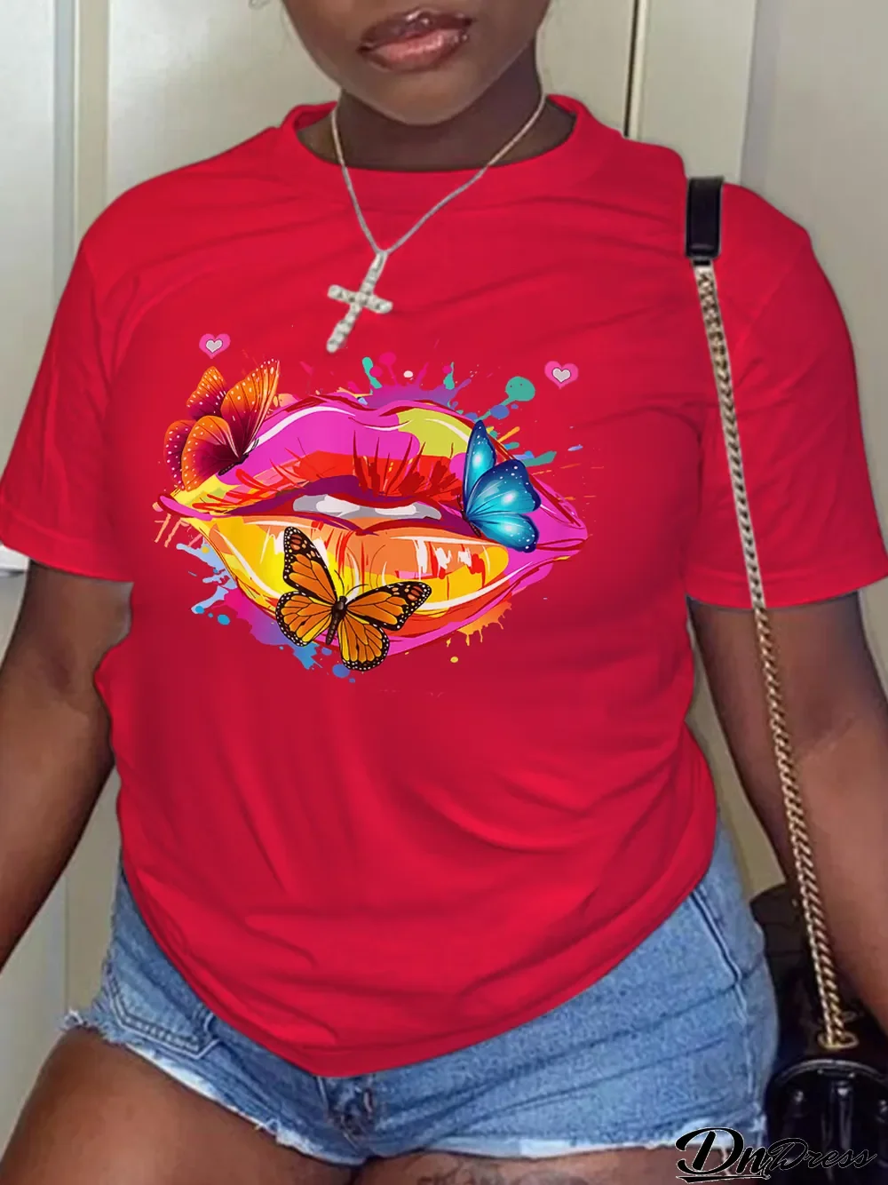 Red Street Lips Printed Patchwork O Neck T-Shirts