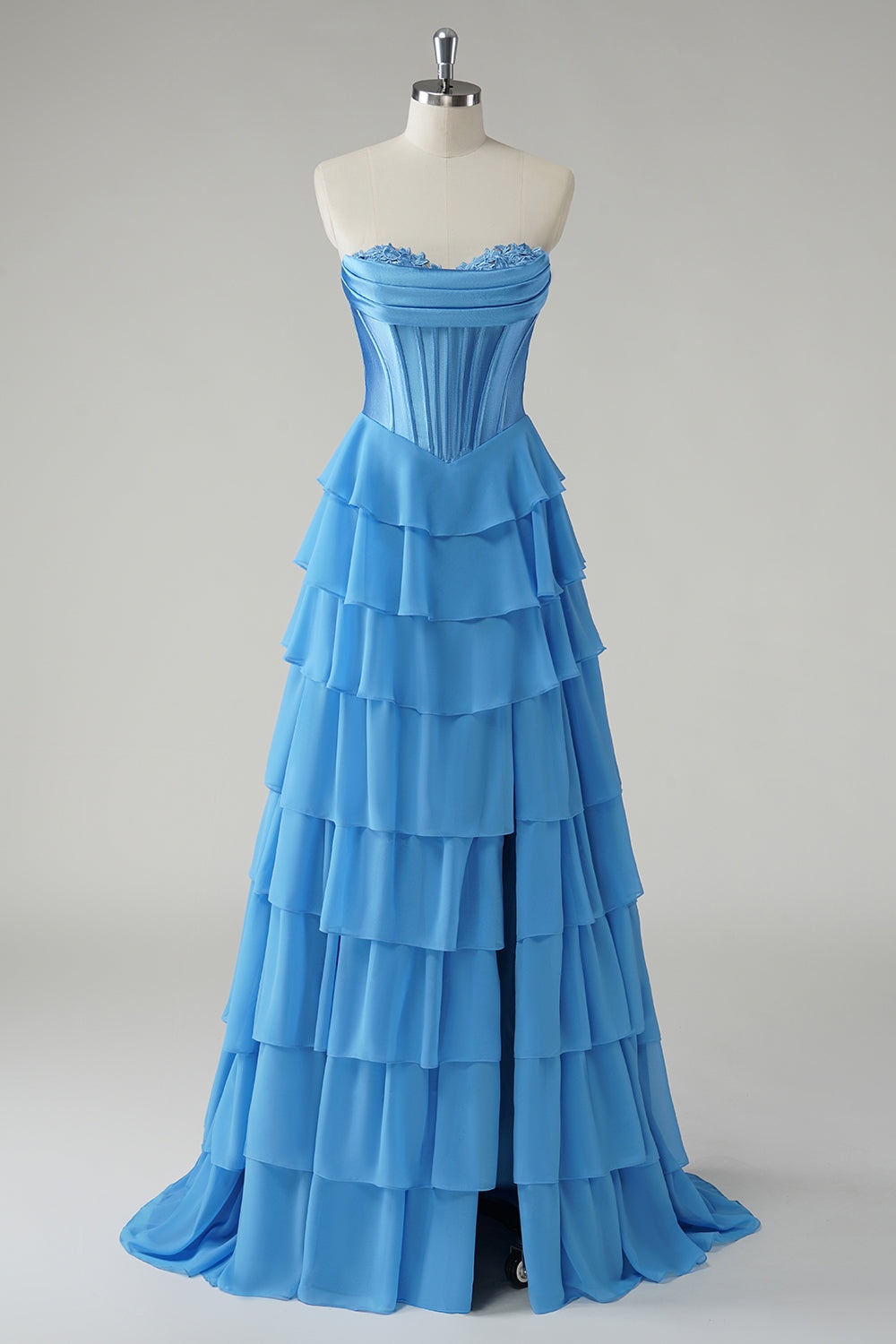 Ovlias Stunning Blue Strapless Layered Split Backless Prom Dress LY0597