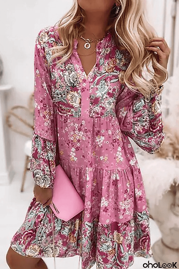 Boho Print V Neck Long Sleeve Dress