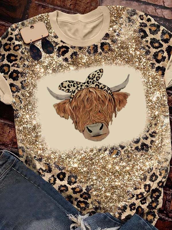 Leopard Highland Cattle Casual T-Shirts