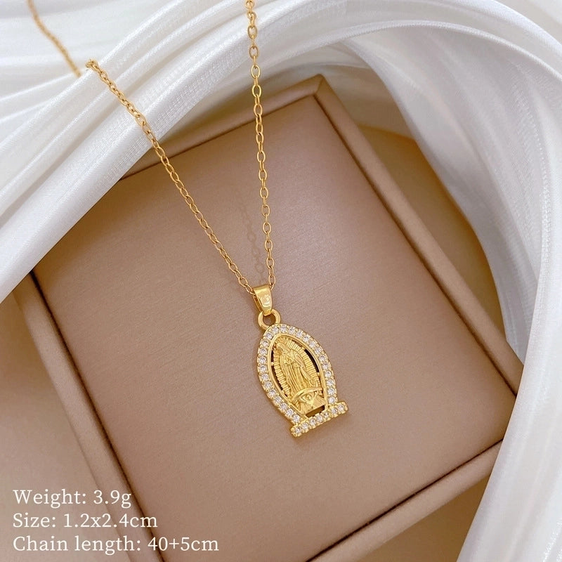 Classic Style Human Geometric Our Lady Of Guadalupe Titanium Steel Copper Zircon Gold Plated Inlay Pendant Necklace