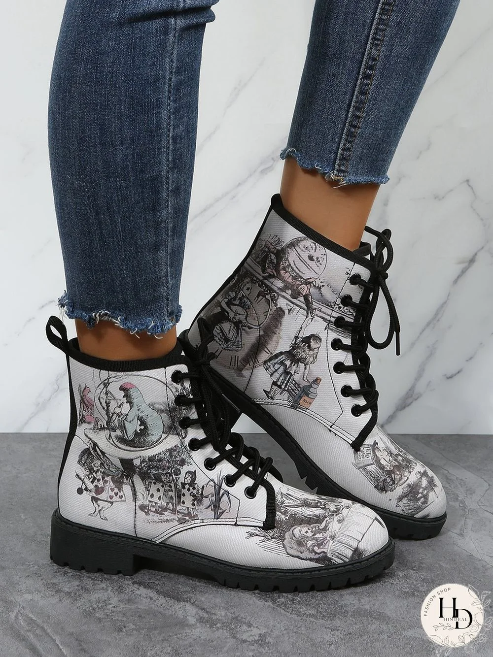 Cartoon Print Lace Up Ankle Boots
