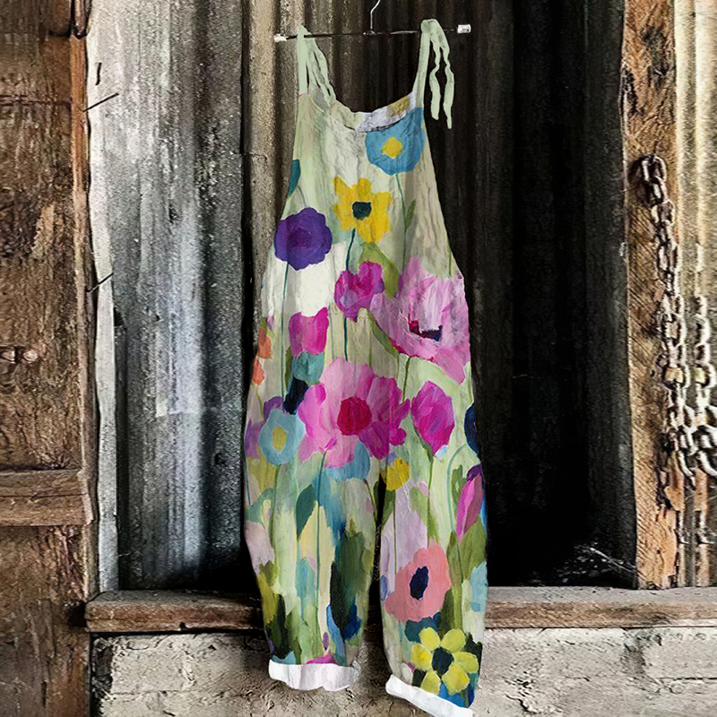 Color Block Floral Art Printed Casual Jumpsuit wearshes