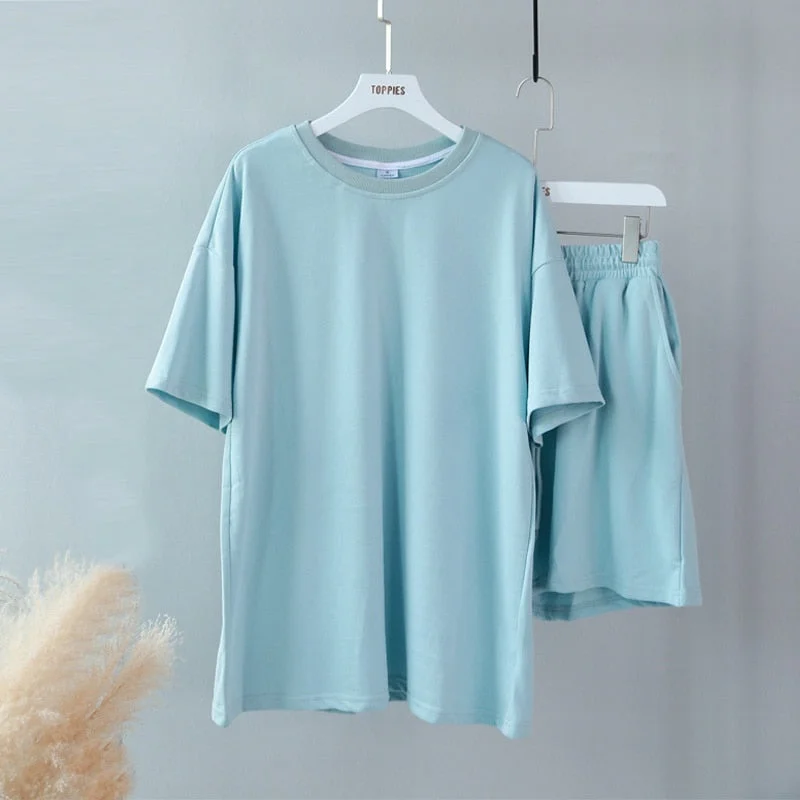 Toppies Summer Tracksuits Womens Two Peices Set Leisure Outfits Cotton Oversized T-shirts High Waist Shorts Candy Color Clothing
