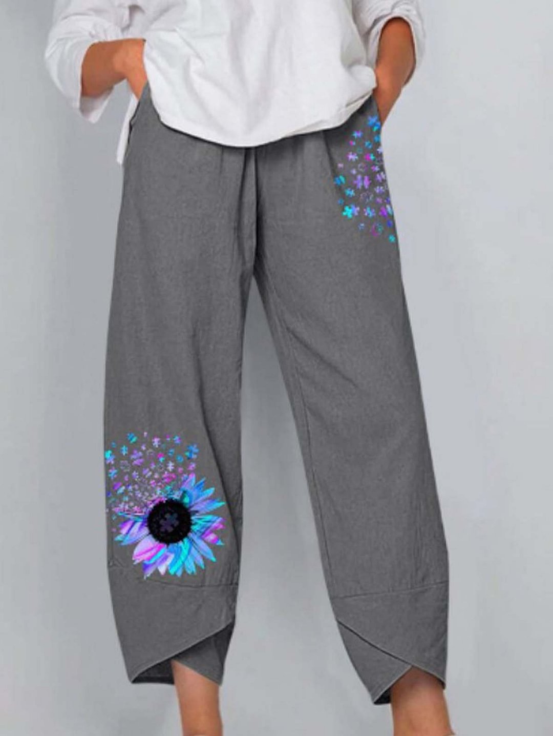 Plus Size Cotton Linen Sunflower Print Pants
