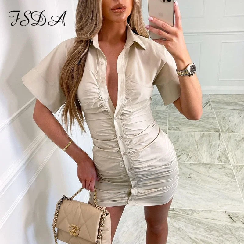 FSDA 2021 Summer Short Puff Sleeve Shirt Dress Women White Ruched V Neck Khaki Sexy Casual Mini Bodycon Dresses Party