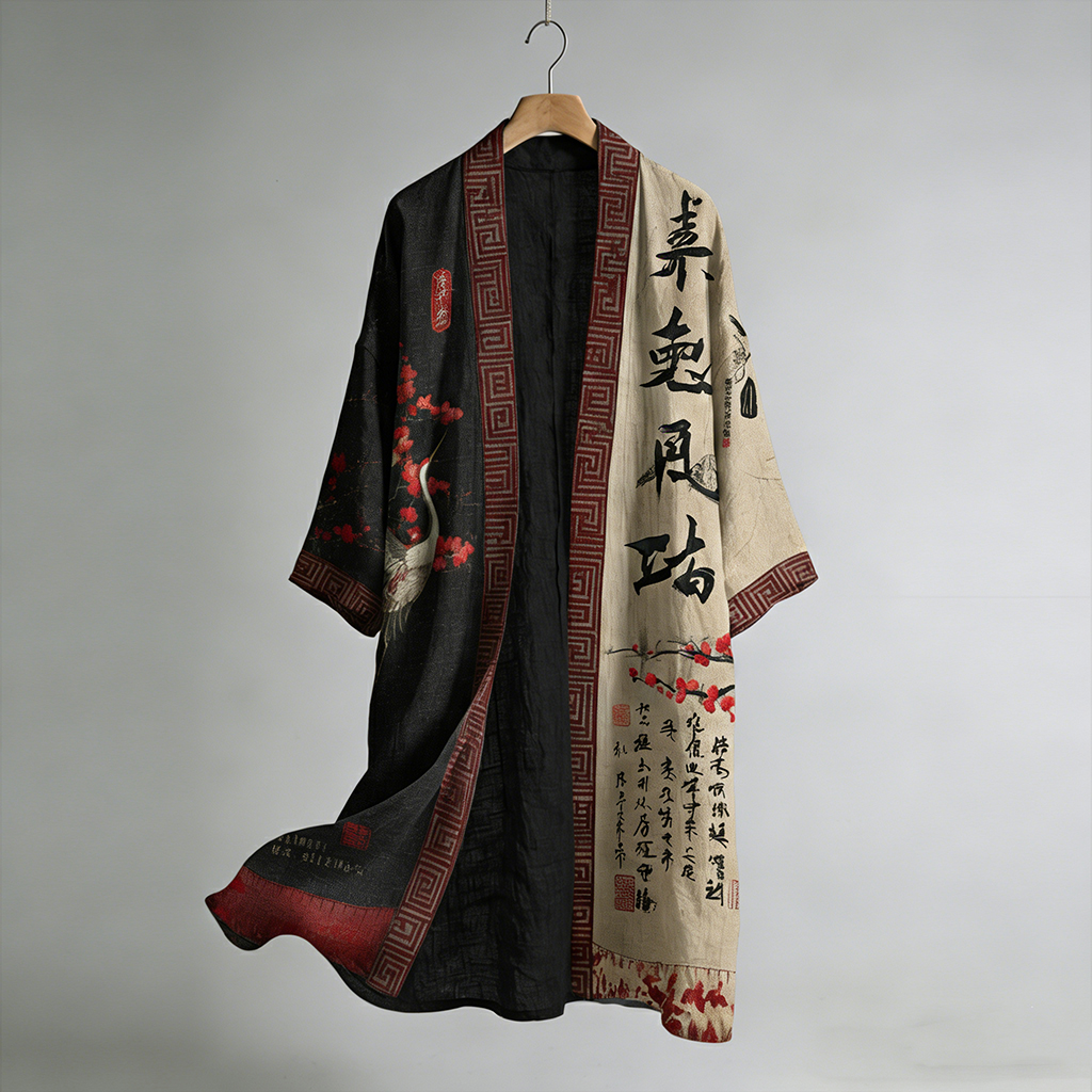 Retro Japanese Cherry Blossom And Crane Calligraphy And Painting Pattern Linen Blend Kimono  artssus