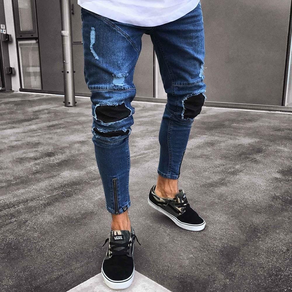Knee Ripped Hole Zipper Jeans