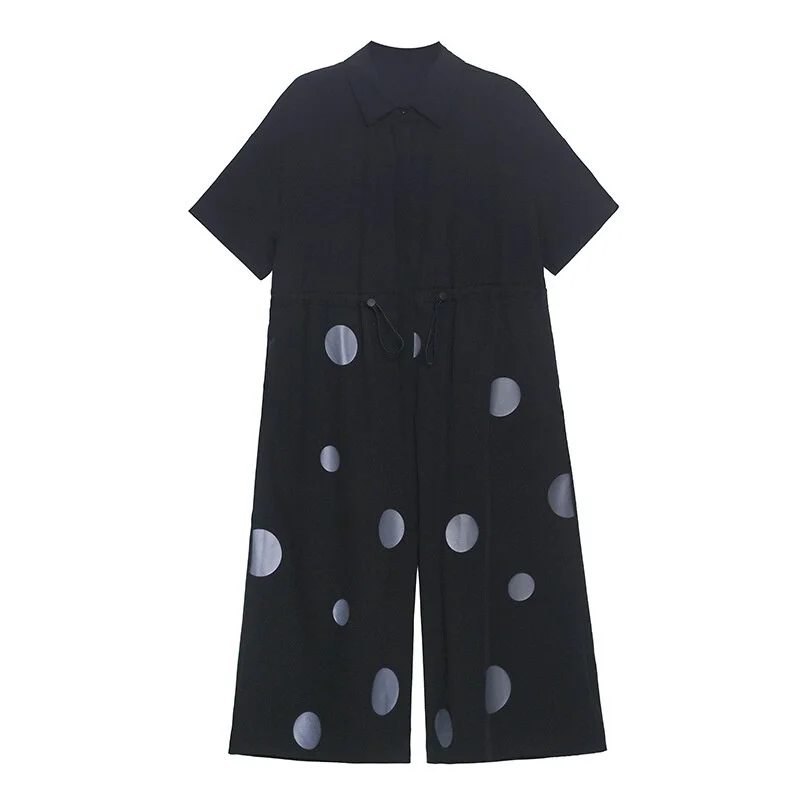 Ueong Loose Fit Women Black Dot Printed Big Size Jumpsuit New High Waist Pocket Stitch Pants Fashion Spring Autumn 2023 1DE1069