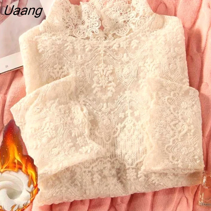 Uaang Women Half High Collar Lady Soft Inside Temperament Fashion Autumn Streetwear Ulzzang Pure Color Tops Simple Lace Mujer