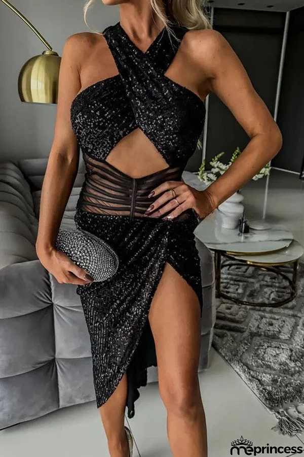 Born To Be A Star Sequin Mesh Cutout Waist Halter Asymmetrical Midi Dress