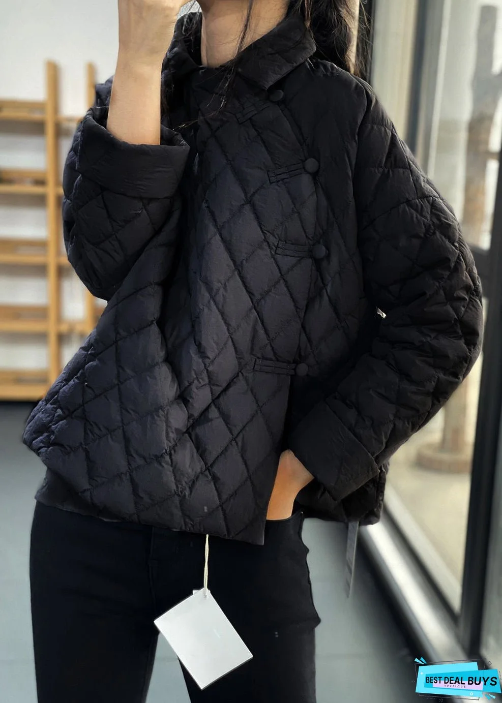 New Beige Peter Pan Collar Button Patchwork Thin Parka Winter