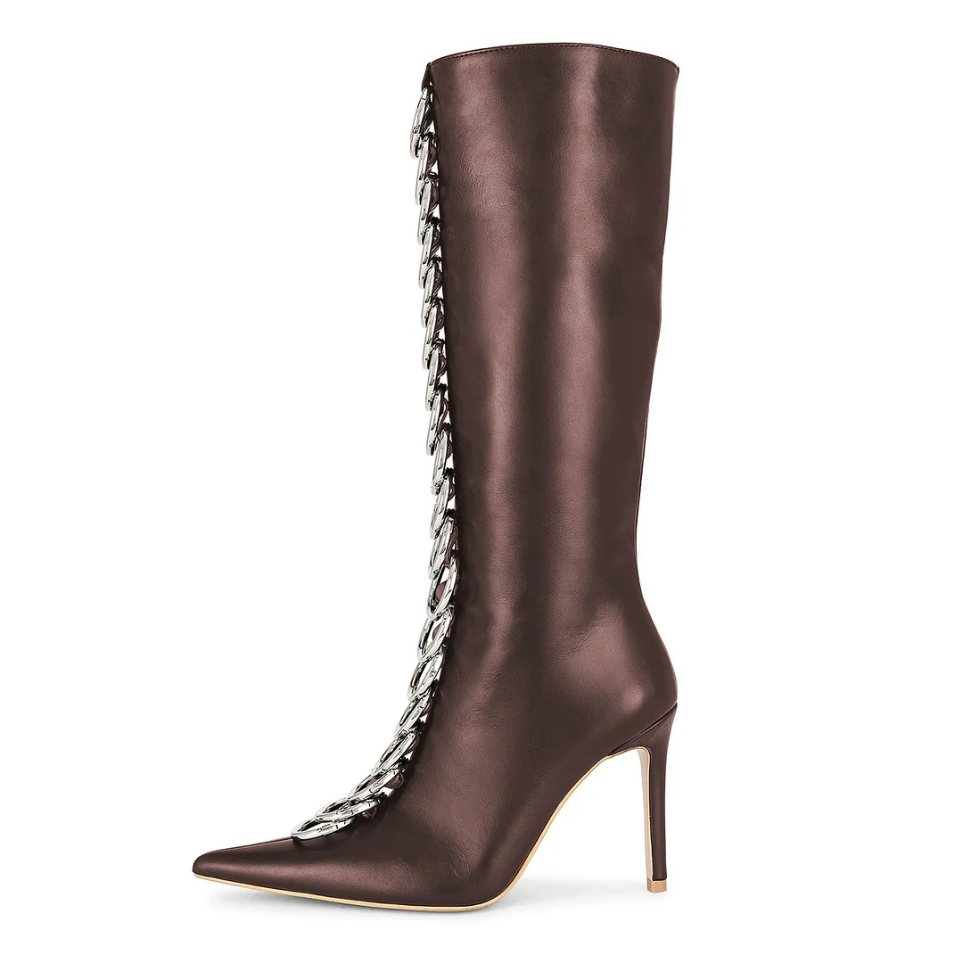 Vegan Leather Pointed Toe Silver Ring Decor Brown Knee-High Boots