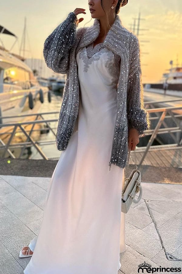 Warm Shining Heart Knit Sequin Balloon Sleeve Zipper Neck Loose Cardigan