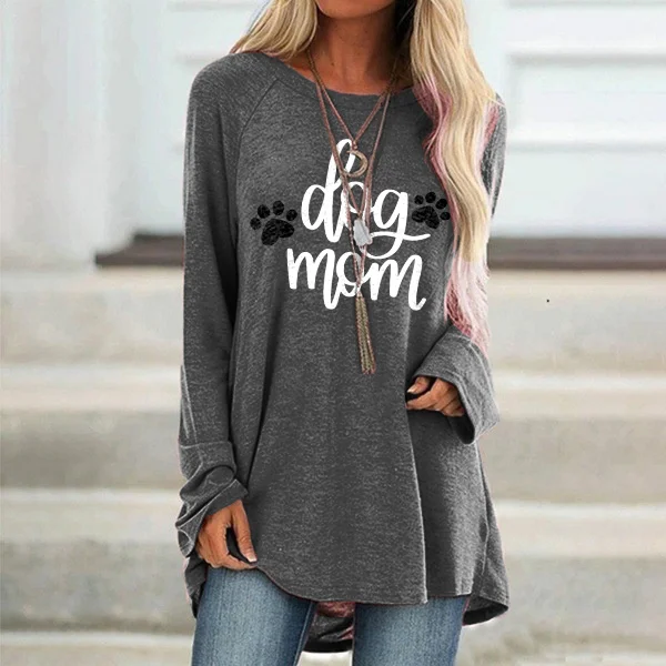 Vefave Vefave Dog Mom Print Crew Neck Casual Tunic