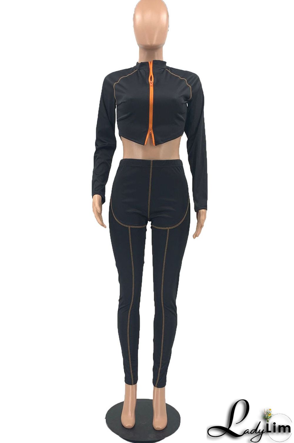 Tangerine Red Casual Solid Patchwork Asymmetrical Zipper Zipper Collar Long Sleeve Two Pieces