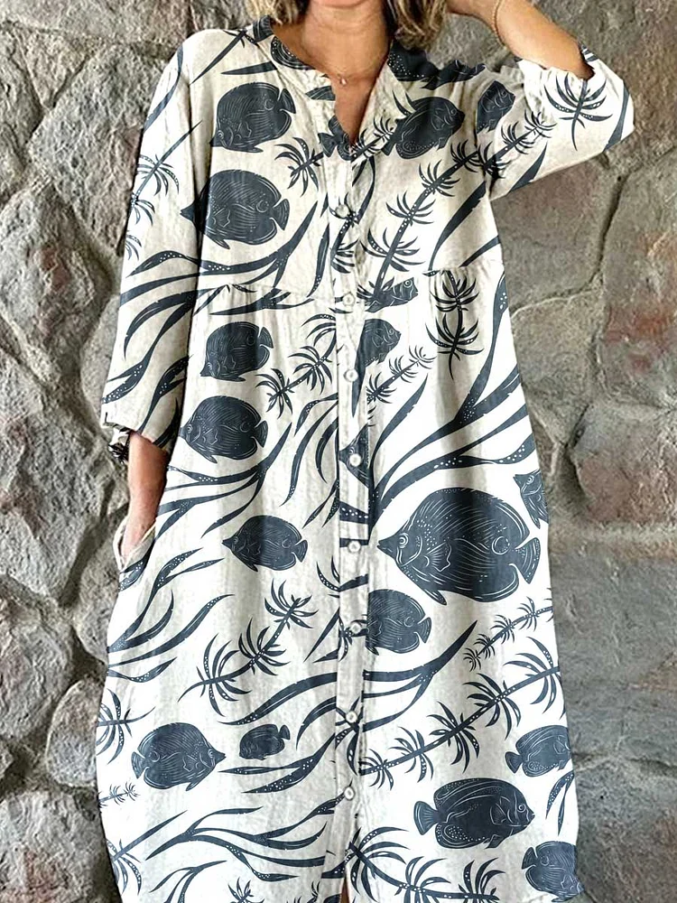 Women's Resort  Fish Beach  Pattern Cotton Shirt Dress