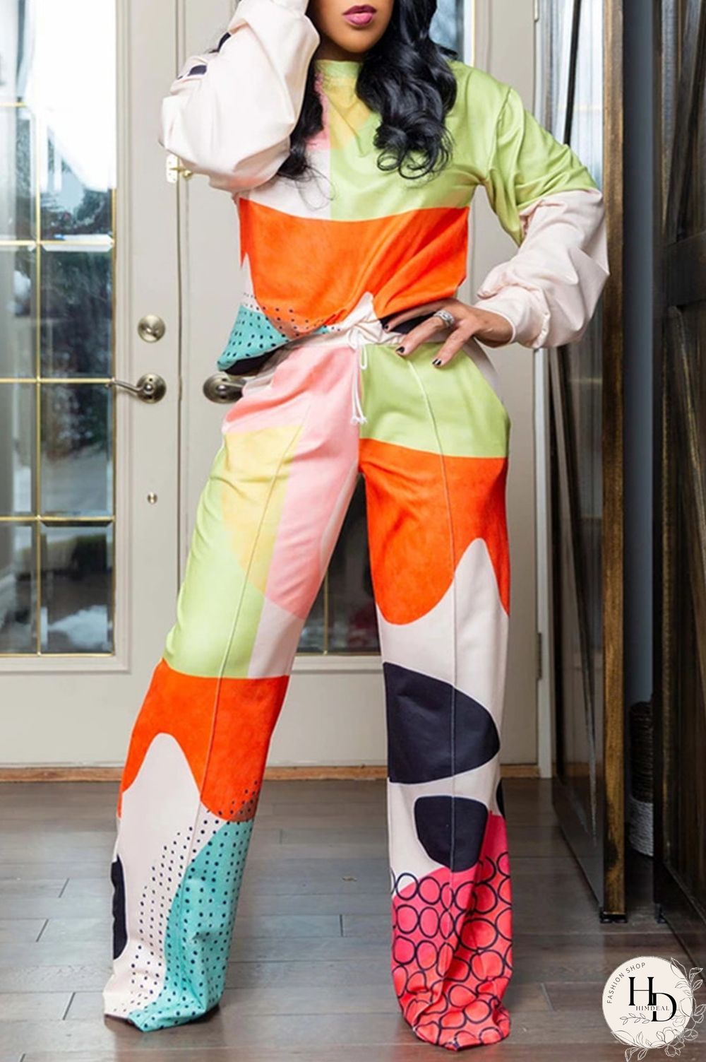 Rose Red Fashion Casual Print Basic O Neck Long Sleeve Two Pieces