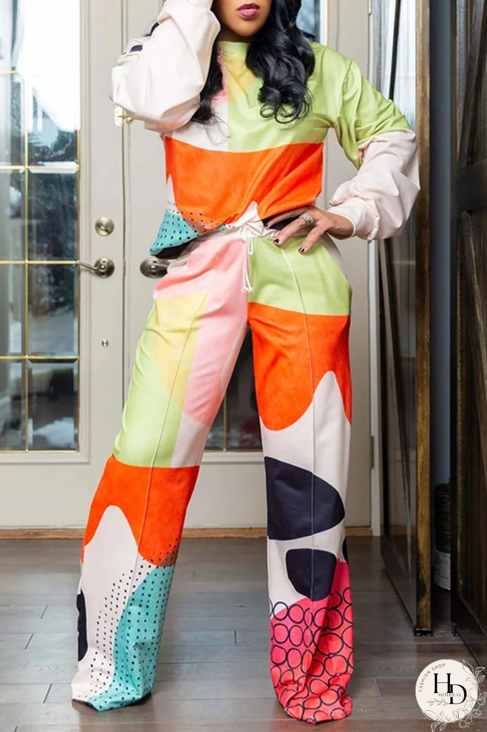 Rose Red Fashion Casual Print Basic O Neck Long Sleeve Two Pieces