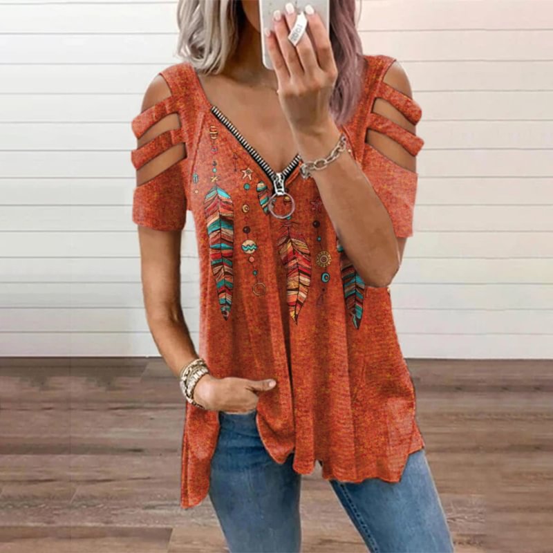Ethnic feather zipper graphic tees