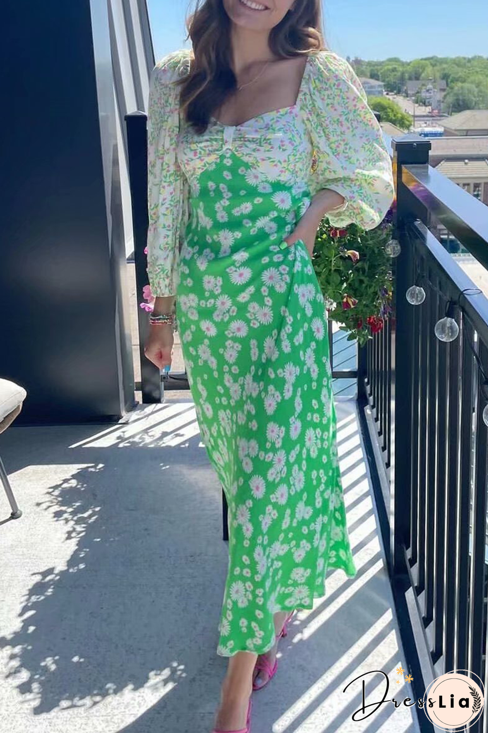 Vintage Elegant Floral Split Joint  Contrast V Neck Dresses