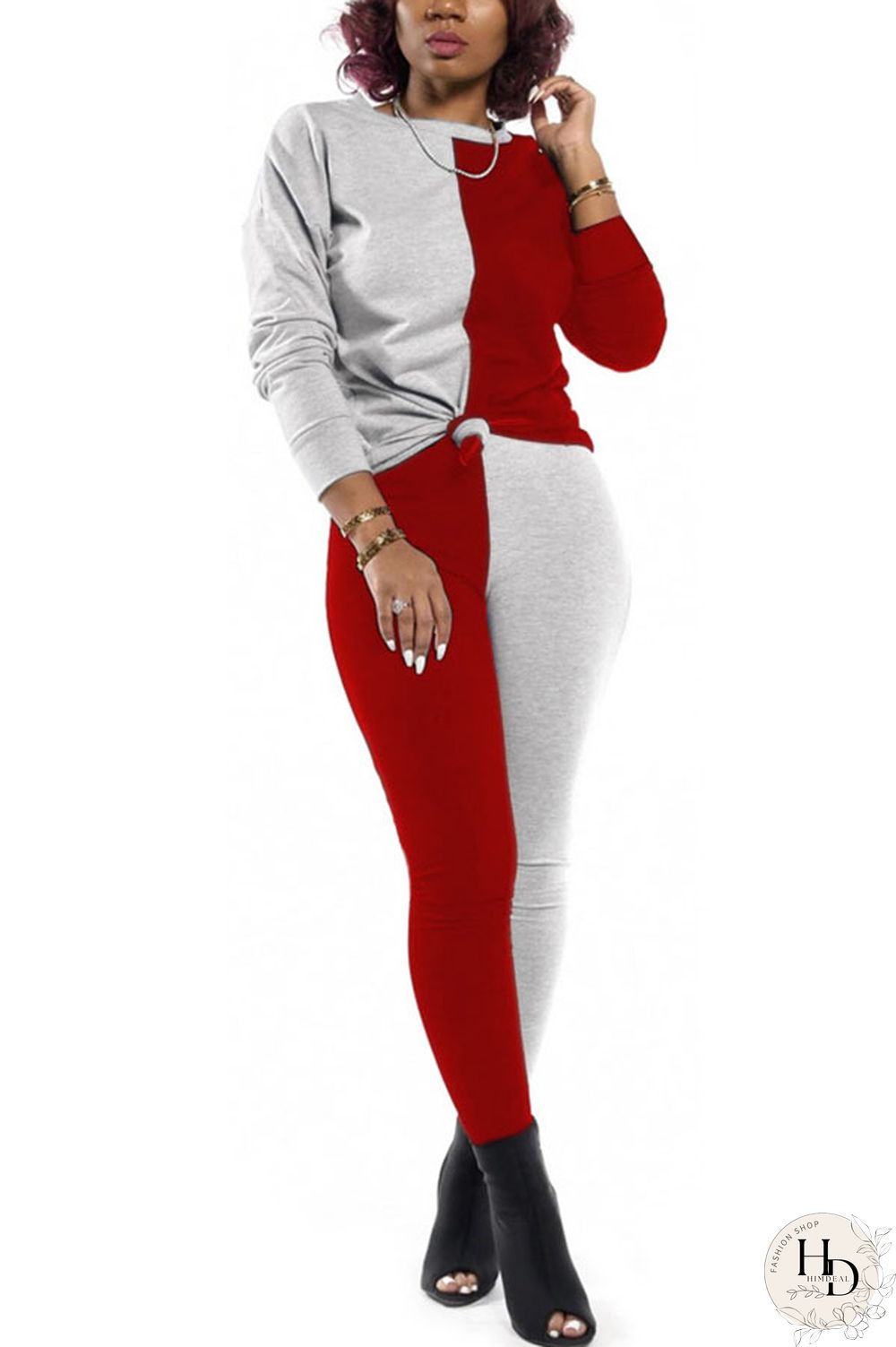 rose red and blue Polyester Sexy Patchwork Solid pencil Long Sleeve Two Pieces