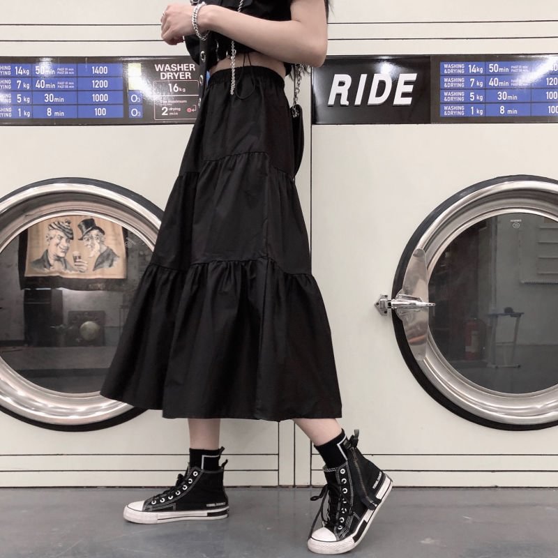 HOUZHOU Black Gothic Midi Skirt Women Punk Goth High Waist Patchwork A-line Long Skirts Korean Style Casual Harajuku Streetwear