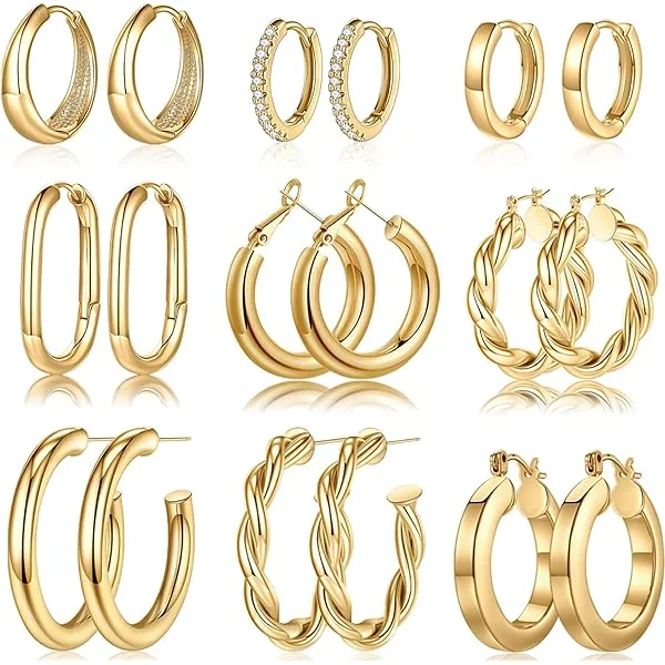 Yesteel 9 Pairs Gold Hoop Earrings for Women, 925 Sterling Silver Post 14K Real Gold Plated Chunky Hoop Earrings Set for Women Hypoallergenic Thick Lightweight Hoop Earrings for Women Gold Jewelry Gifts " Gold