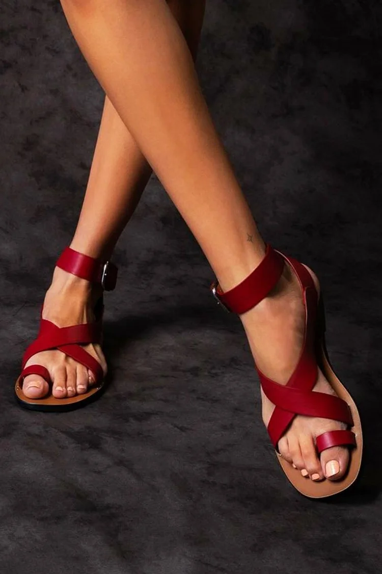 Ankle Strap Buckle Casual Toe Ring Red Sandals [Pre Order]