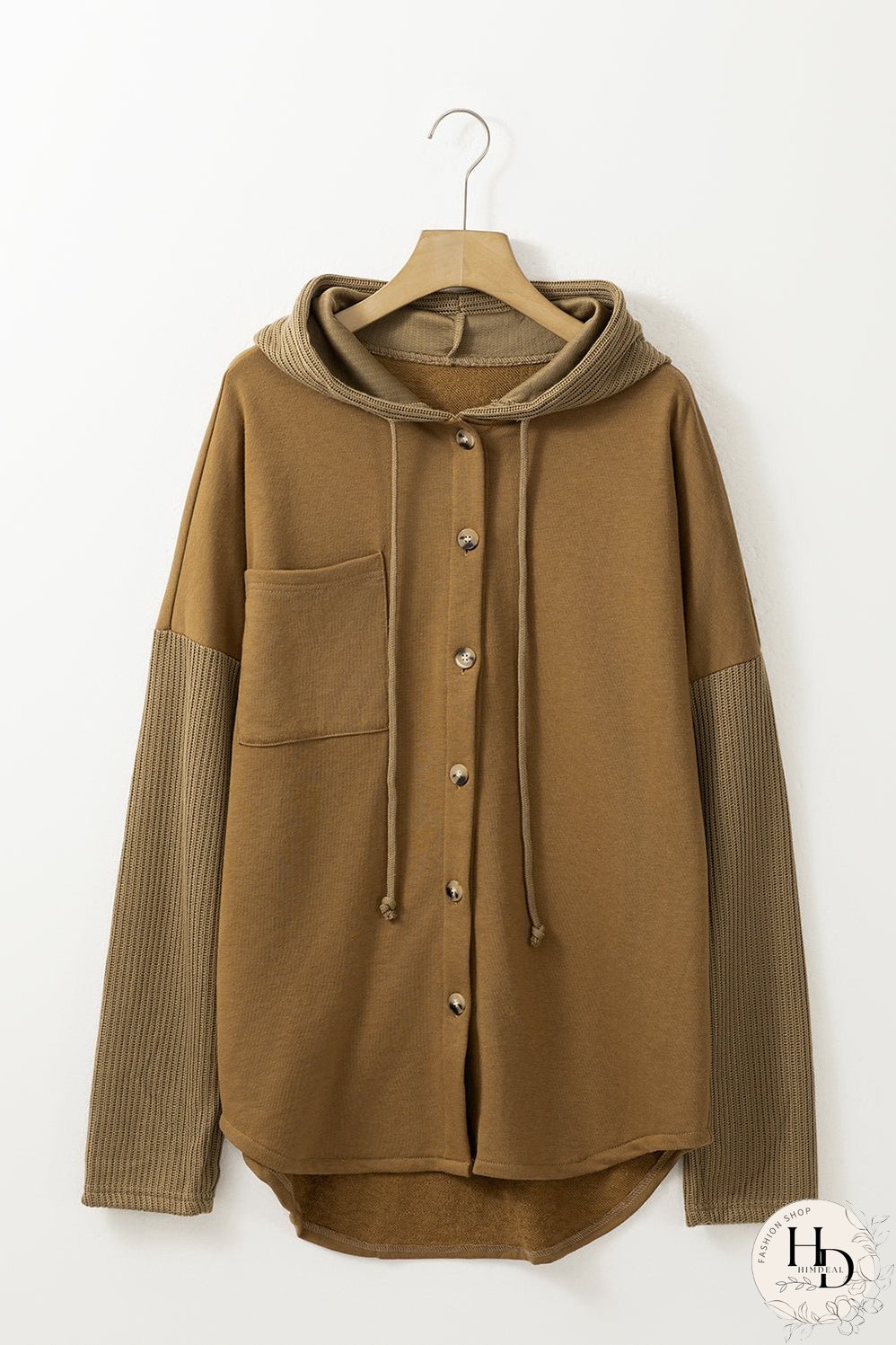 Brown Button Up Contrast Knitted Sleeves Hooded Jacket