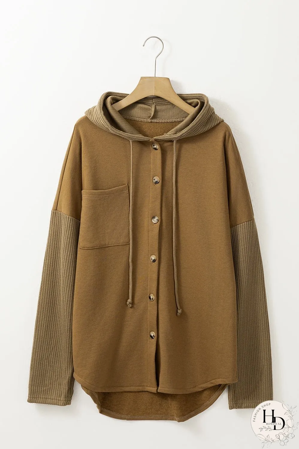 Brown Button Up Contrast Knitted Sleeves Hooded Jacket