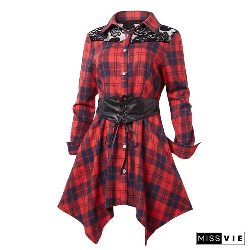 Irregular Plaid Print Lace Up Long Sleeve Shirt Dress