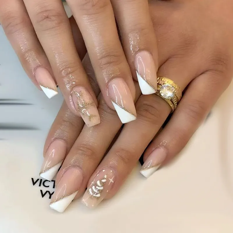 Churchf Quality Wear Armor New Christmas Flash Powder Snowflake French Nail Piece Metal Antlers Dark Green White Fake Nails
