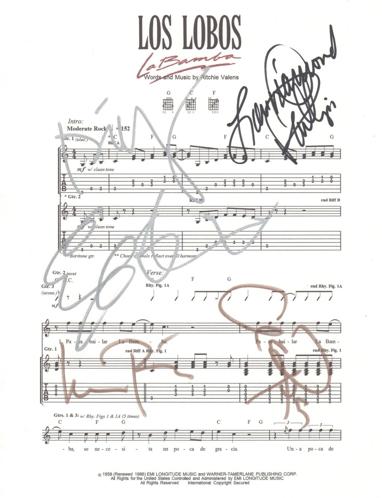 Los Lobos & Lou Diamond Phillips SIGNED La Bamba Soundtrack sheet music COA