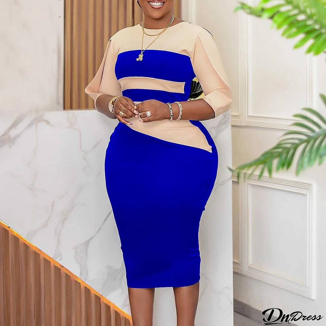 Women Africa Plus Size 3/4 Sleeve Color Block Bodycon Dress