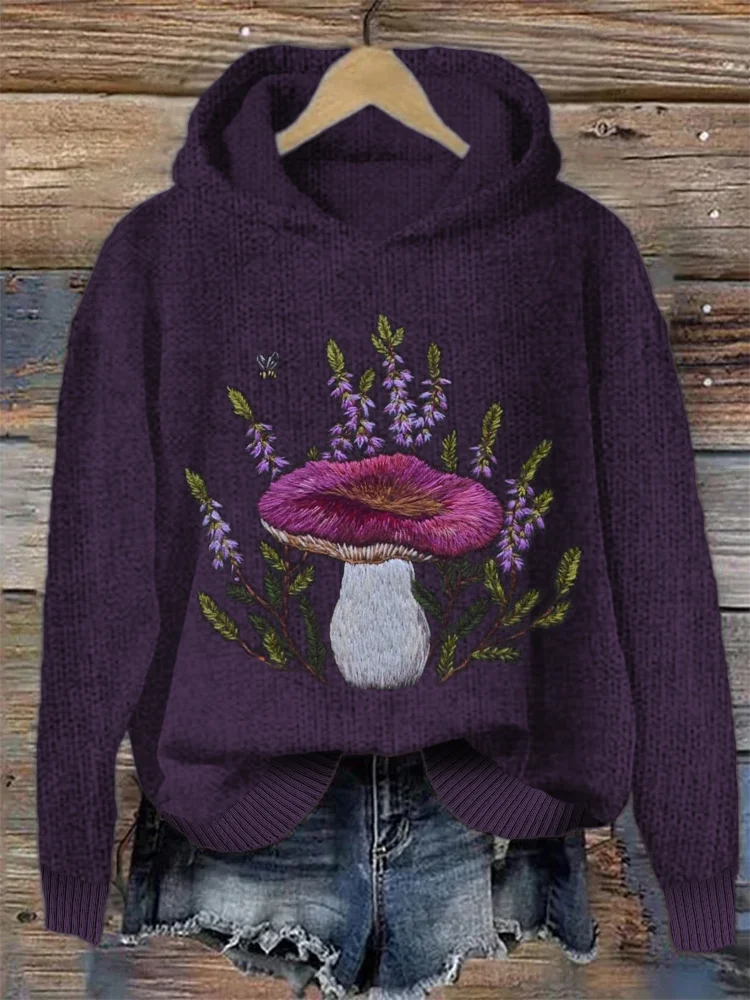 VChics Mushroom Floral Embroidery Art Cozy Knit Hoodie