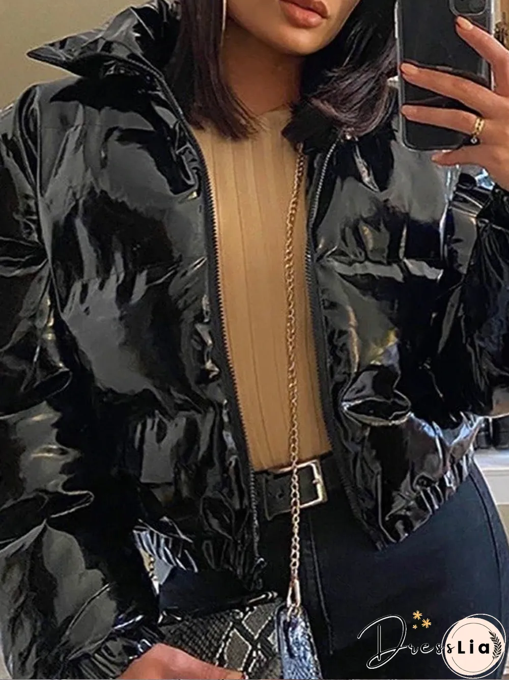 Zipper Design Long Sleeve High Neck Gilet Puffer Jacket