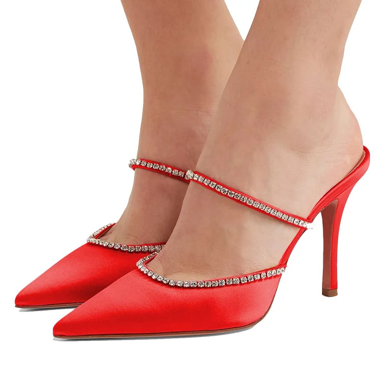 Red Satin Pointy Toe Rhinestone Mule Heels |FSJ Shoes